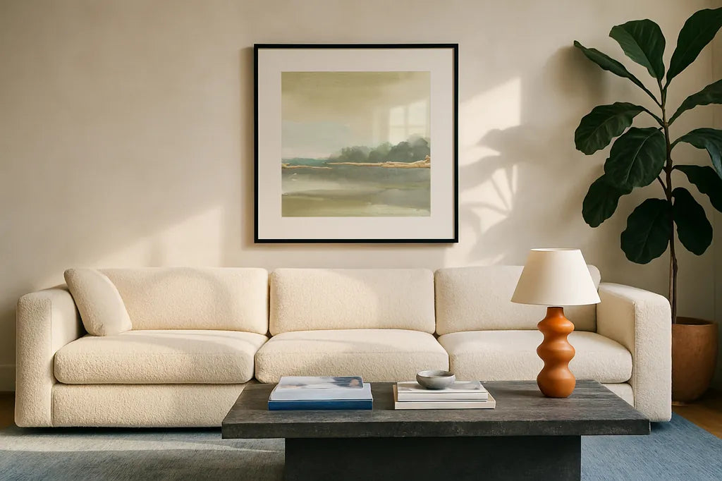 Gold Earth III by Chris Paschke. Displayed in a glass frame with matte in a clean modern living room. Available as an archival giclee rolled canvas, fine art paper, or poster print. SKU 67674a.