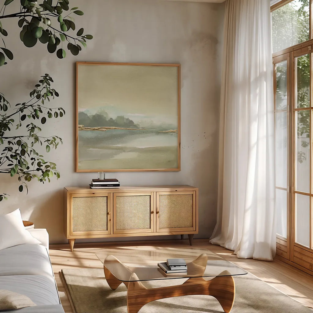 Gold Earth IV by Chris Paschke. Shown in a natural wood frame in a cozy modern living room. Available as an archival giclee rolled canvas, fine art paper, or poster print. SKU 67675a.