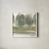 Gold Earth V by Chris Paschke. Shown in a crisp white glass frame for a clean and minimalist style. Available as an archival giclee rolled canvas, fine art paper, or poster print. SKU 67676a.