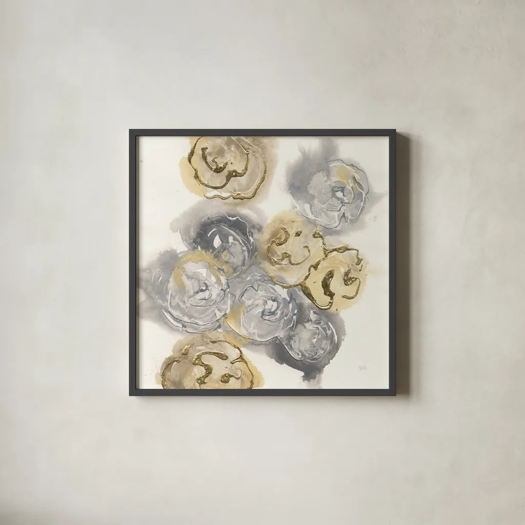 Gold Edged Neutral I by Chris Paschke. Shown in a sleek black glass frame for a contemporary gallery look. Available as an archival giclee rolled canvas, fine art paper, or poster print. SKU 31470a.