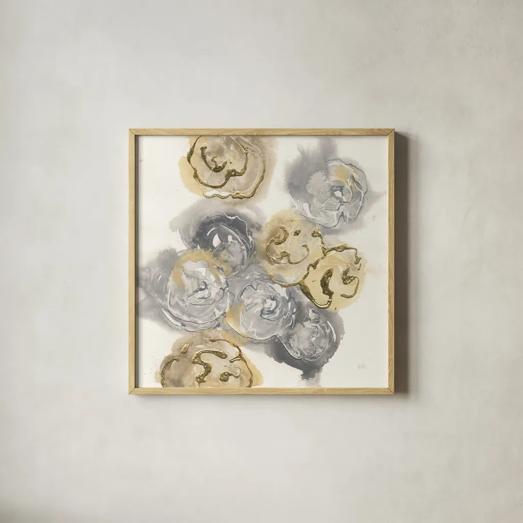 Gold Edged Neutral I by Chris Paschke. Shown in a natural wood glass frame for a timeless modern aesthetic. Available as an archival giclee rolled canvas, fine art paper, or poster print. SKU 31470a.