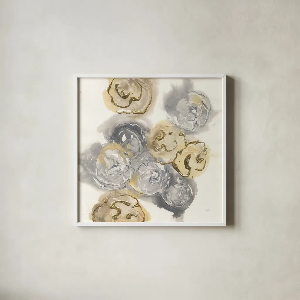 Gold Edged Neutral I by Chris Paschke. Shown in a crisp white glass frame for a clean and minimalist style. Available as an archival giclee rolled canvas, fine art paper, or poster print. SKU 31470a.