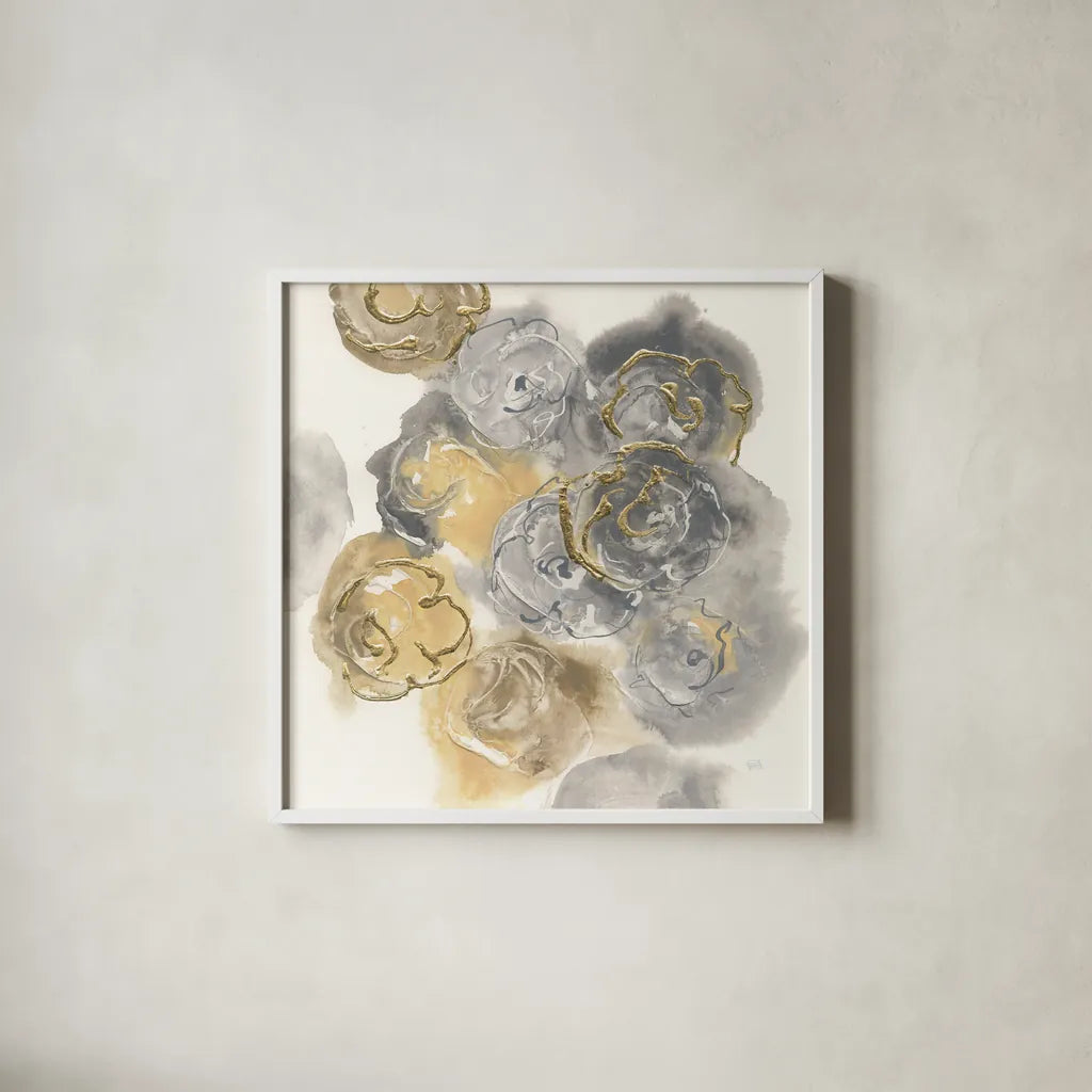 Gold Edged Neutral II by Chris Paschke. Shown in a crisp white glass frame for a clean and minimalist style. Available as an archival giclee rolled canvas, fine art paper, or poster print. SKU 31471a.