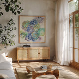 Gold Edged Roses I by Chris Paschke. Shown in a natural wood frame in a cozy modern living room. Available as an archival giclee rolled canvas, fine art paper, or poster print. SKU 31472a.