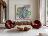 Gold Edged Roses I by Chris Paschke. Shown as extra-large giant wall art in a modern living room. Available as an archival giclee rolled canvas, fine art paper, or poster print. SKU 31472a.