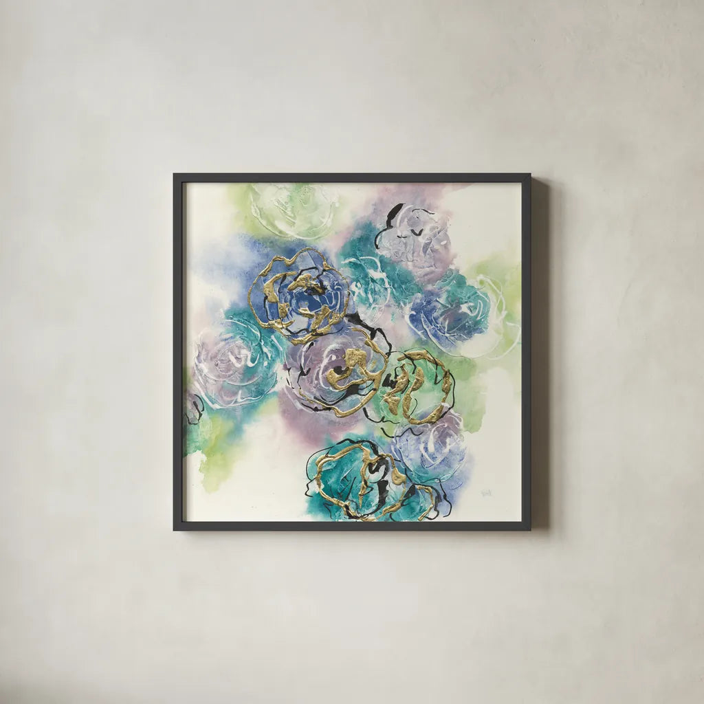 Gold Edged Roses II by Chris Paschke. Shown in a sleek black glass frame for a contemporary gallery look. Available as an archival giclee rolled canvas, fine art paper, or poster print. SKU 31473a.