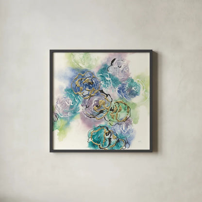 Gold Edged Roses II by Chris Paschke. Shown in a sleek black glass frame for a contemporary gallery look. Available as an archival giclee rolled canvas, fine art paper, or poster print. SKU 31473a.