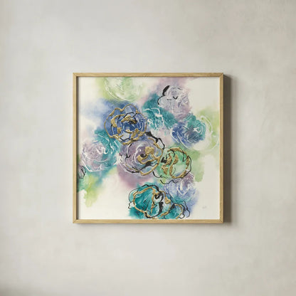 Gold Edged Roses II by Chris Paschke. Shown in a natural wood glass frame for a timeless modern aesthetic. Available as an archival giclee rolled canvas, fine art paper, or poster print. SKU 31473a.