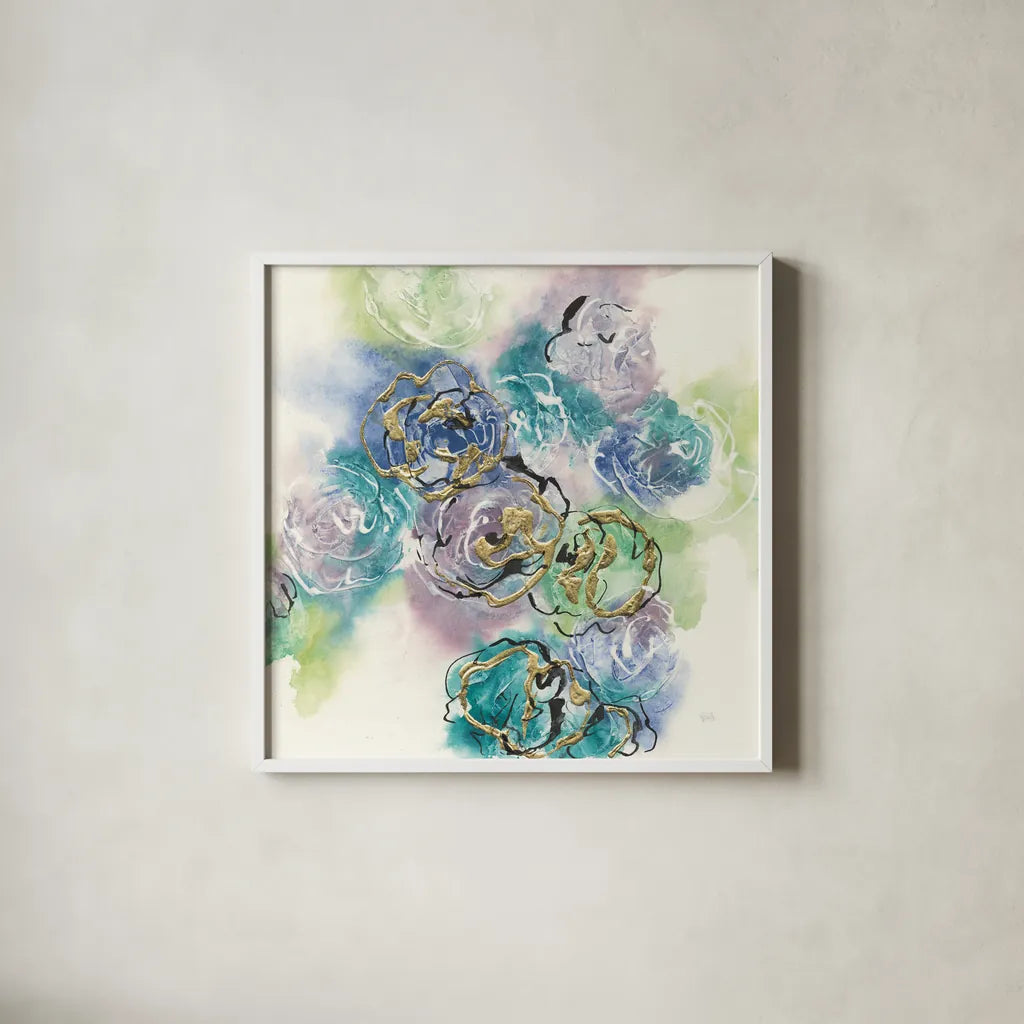 Gold Edged Roses II by Chris Paschke. Shown in a crisp white glass frame for a clean and minimalist style. Available as an archival giclee rolled canvas, fine art paper, or poster print. SKU 31473a.