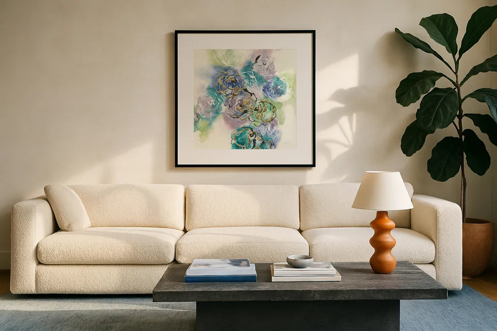 Gold Edged Roses II by Chris Paschke. Displayed in a glass frame with matte in a clean modern living room. Available as an archival giclee rolled canvas, fine art paper, or poster print. SKU 31473a.