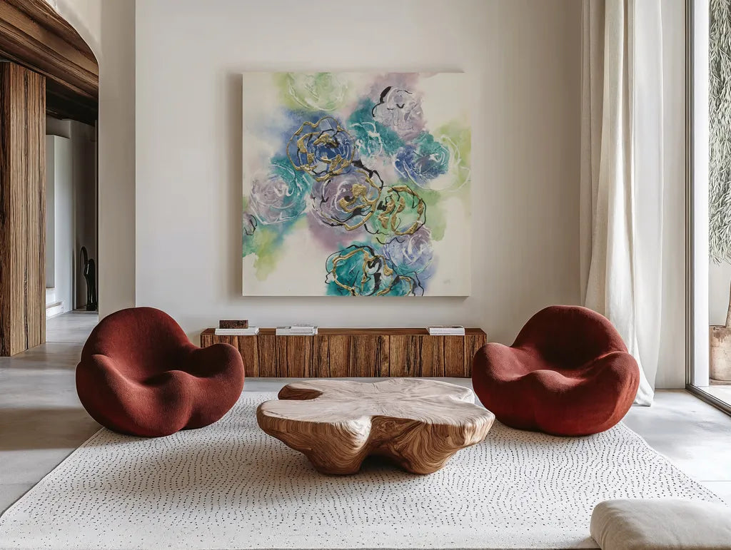 Gold Edged Roses II by Chris Paschke. Shown as extra-large giant wall art in a modern living room. Available as an archival giclee rolled canvas, fine art paper, or poster print. SKU 31473a.