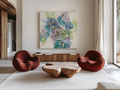 Gold Edged Roses II by Chris Paschke. Shown as extra-large giant wall art in a modern living room. Available as an archival giclee rolled canvas, fine art paper, or poster print. SKU 31473a.