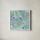 Gold Edged Teal I by Chris Paschke. Shown in a crisp white glass frame for a clean and minimalist style. Available as an archival giclee rolled canvas, fine art paper, or poster print. SKU 31474a.