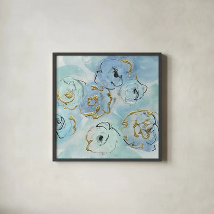 Gold Edged Teal II by Chris Paschke. Shown in a sleek black glass frame for a contemporary gallery look. Available as an archival giclee rolled canvas, fine art paper, or poster print. SKU 31475a.