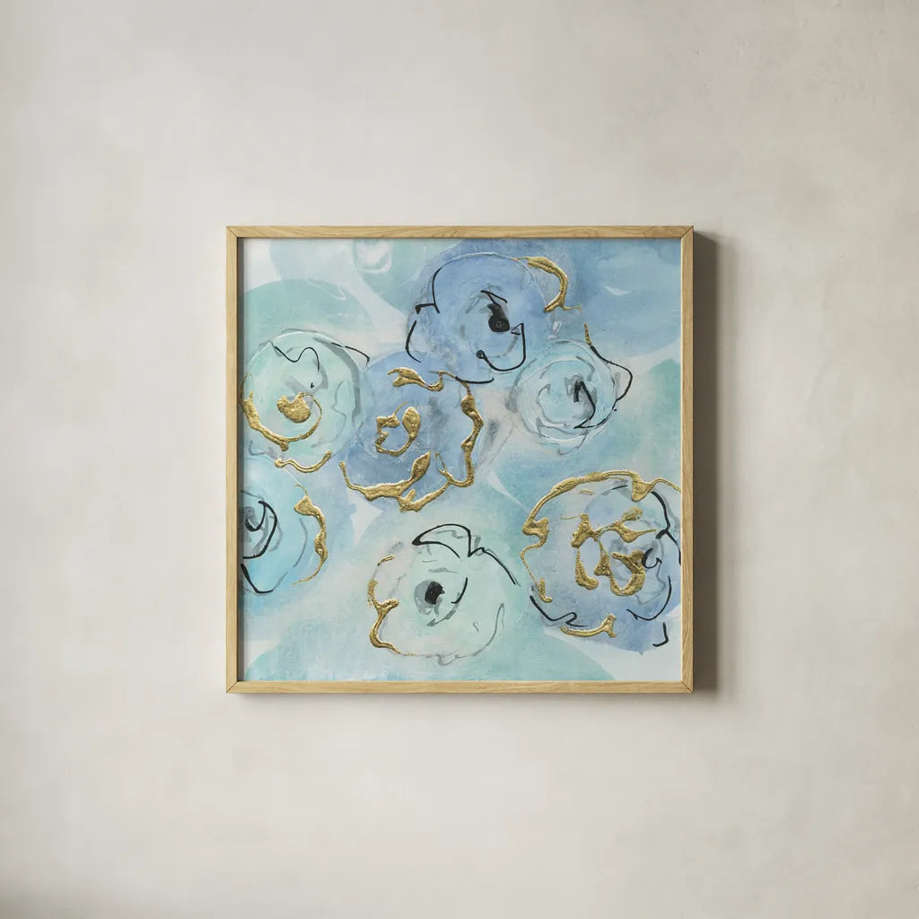 Gold Edged Teal II by Chris Paschke. Shown in a natural wood glass frame for a timeless modern aesthetic. Available as an archival giclee rolled canvas, fine art paper, or poster print. SKU 31475a.