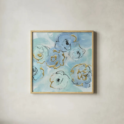 Gold Edged Teal II by Chris Paschke. Shown in a natural wood glass frame for a timeless modern aesthetic. Available as an archival giclee rolled canvas, fine art paper, or poster print. SKU 31475a.