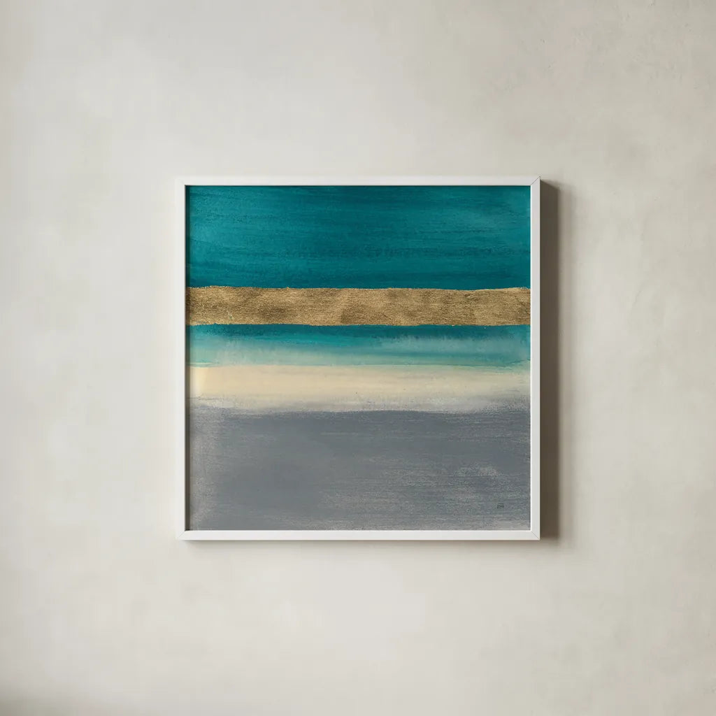 Gold Emerald II by Chris Paschke. Shown in a crisp white glass frame for a clean and minimalist style. Available as an archival giclee rolled canvas, fine art paper, or poster print. SKU 75470a.