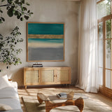 Gold Emerald II by Chris Paschke. Shown in a natural wood frame in a cozy modern living room. Available as an archival giclee rolled canvas, fine art paper, or poster print. SKU 75470a.