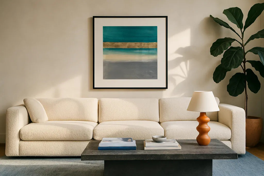 Gold Emerald II by Chris Paschke. Displayed in a glass frame with matte in a clean modern living room. Available as an archival giclee rolled canvas, fine art paper, or poster print. SKU 75470a.