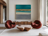 Gold Emerald II by Chris Paschke. Shown as extra-large giant wall art in a modern living room. Available as an archival giclee rolled canvas, fine art paper, or poster print. SKU 75470a.