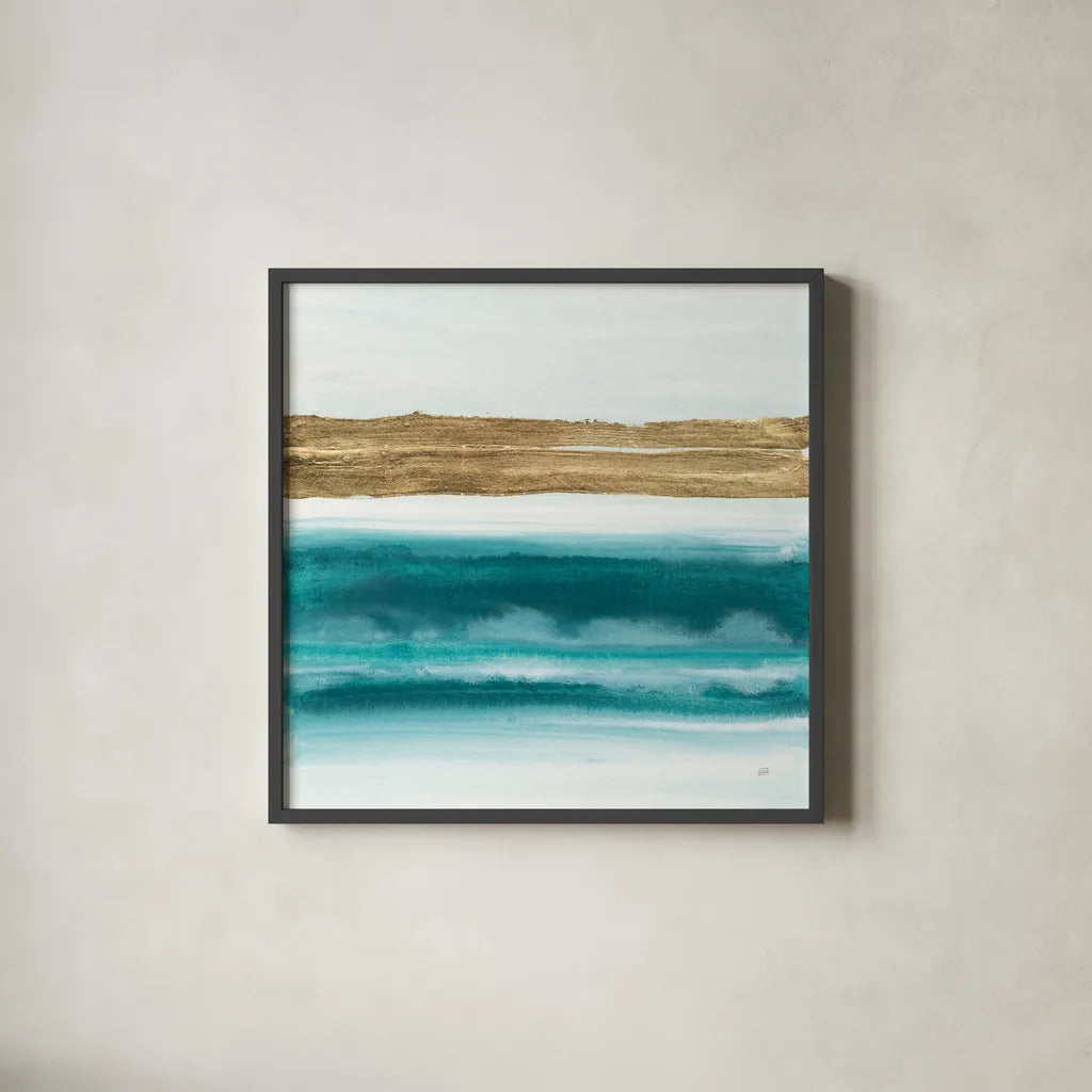 Gold Emerald III by Chris Paschke. Shown in a sleek black glass frame for a contemporary gallery look. Available as an archival giclee rolled canvas, fine art paper, or poster print. SKU 75471a.