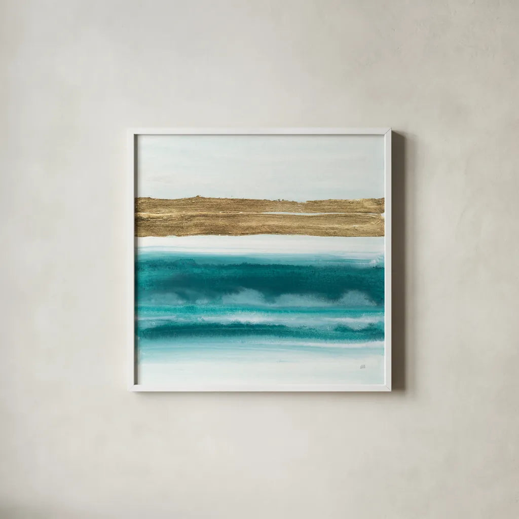 Gold Emerald III by Chris Paschke. Shown in a crisp white glass frame for a clean and minimalist style. Available as an archival giclee rolled canvas, fine art paper, or poster print. SKU 75471a.