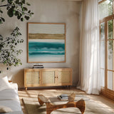 Gold Emerald III by Chris Paschke. Shown in a natural wood frame in a cozy modern living room. Available as an archival giclee rolled canvas, fine art paper, or poster print. SKU 75471a.