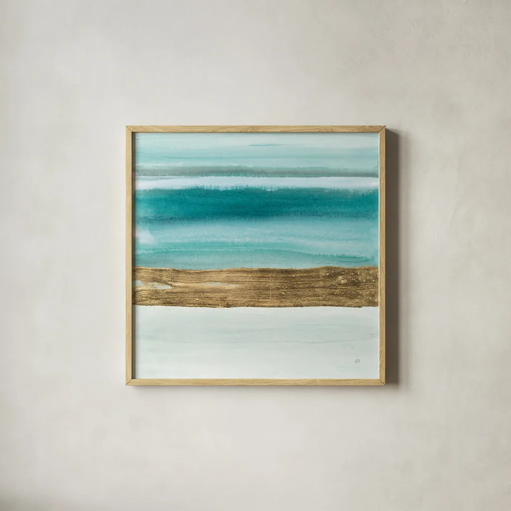 Gold Emerald IV by Chris Paschke. Shown in a natural wood glass frame for a timeless modern aesthetic. Available as an archival giclee rolled canvas, fine art paper, or poster print. SKU 75472a.