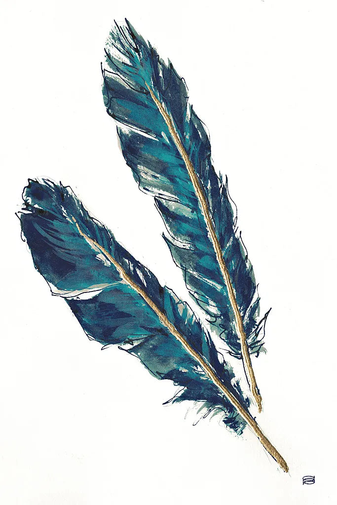 Gold Feathers III Indigo by Chris Paschke. SKU 26437h. Archival Giclee Fine art print for wall decor.