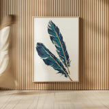 Gold Feathers III Indigo by Chris Paschke. shown as over sized large wall art. Available as an archival giclee rolled canvas, fine art paper, or poster print. SKU 26437h.