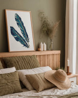 Gold Feathers III Indigo by Chris Paschke. shown as a paper print in a natural frame. Available as a archival giclee rolled canvas, fine art paper, or poster print. SKU 26437h.