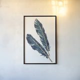 Gold Feathers III Indigo by Chris Paschke. shown as a paper print in a black flame. Available as a archival giclee rolled canvas, fine art paper, or poster print. SKU 26437h.