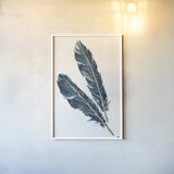 Gold Feathers III Indigo by Chris Paschke. shown as a paper print in a white frame. Available as a archival giclee rolled canvas, fine art paper, or poster print. SKU 26437h.