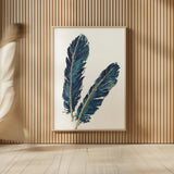 Gold Feathers IV Indigo by Chris Paschke. shown as over sized large wall art. Available as an archival giclee rolled canvas, fine art paper, or poster print. SKU 26438h.