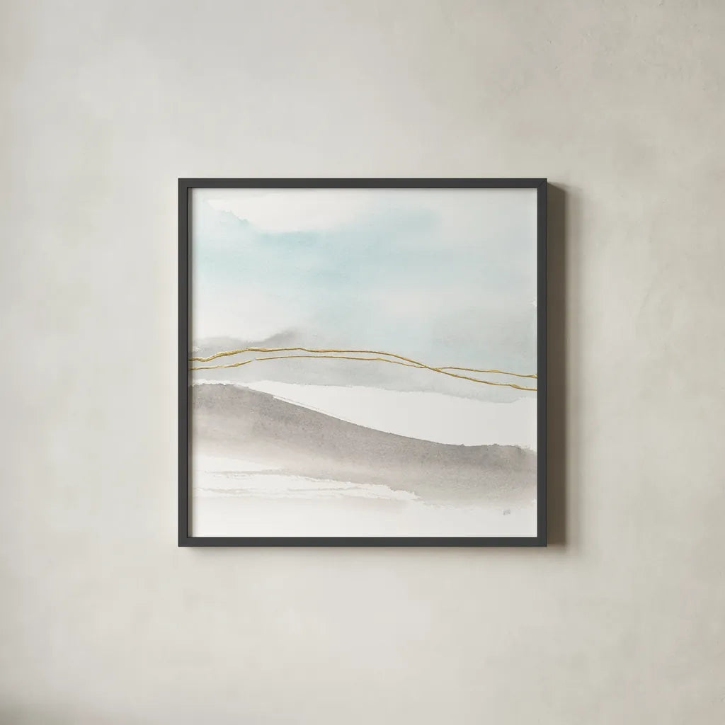 Gold Horizon I by Chris Paschke. Shown in a sleek black glass frame for a contemporary gallery look. Available as an archival giclee rolled canvas, fine art paper, or poster print. SKU 67905a.