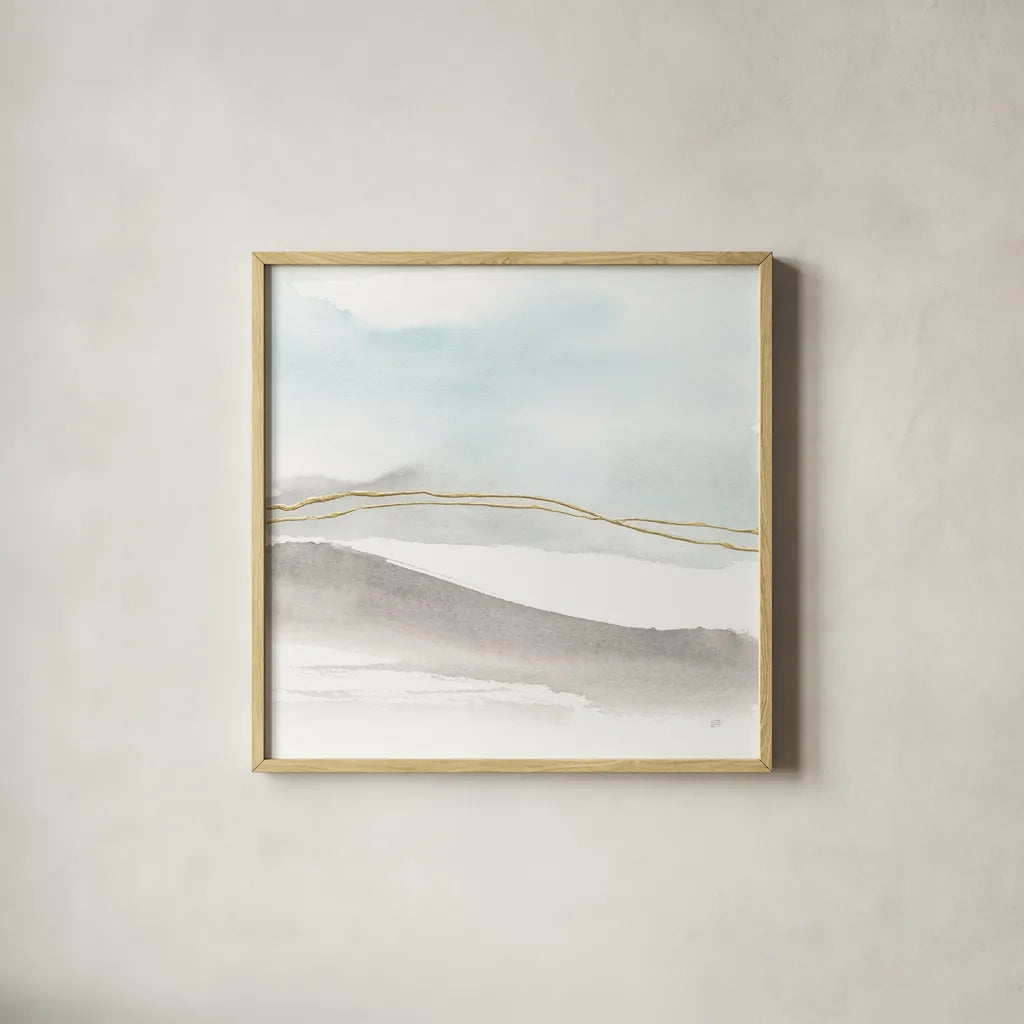 Gold Horizon I by Chris Paschke. Shown in a natural wood glass frame for a timeless modern aesthetic. Available as an archival giclee rolled canvas, fine art paper, or poster print. SKU 67905a.