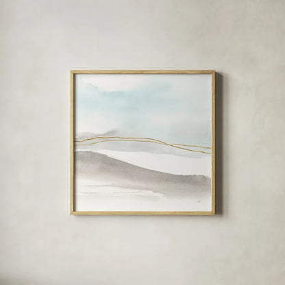 Gold Horizon I by Chris Paschke. Shown in a natural wood glass frame for a timeless modern aesthetic. Available as an archival giclee rolled canvas, fine art paper, or poster print. SKU 67905a.