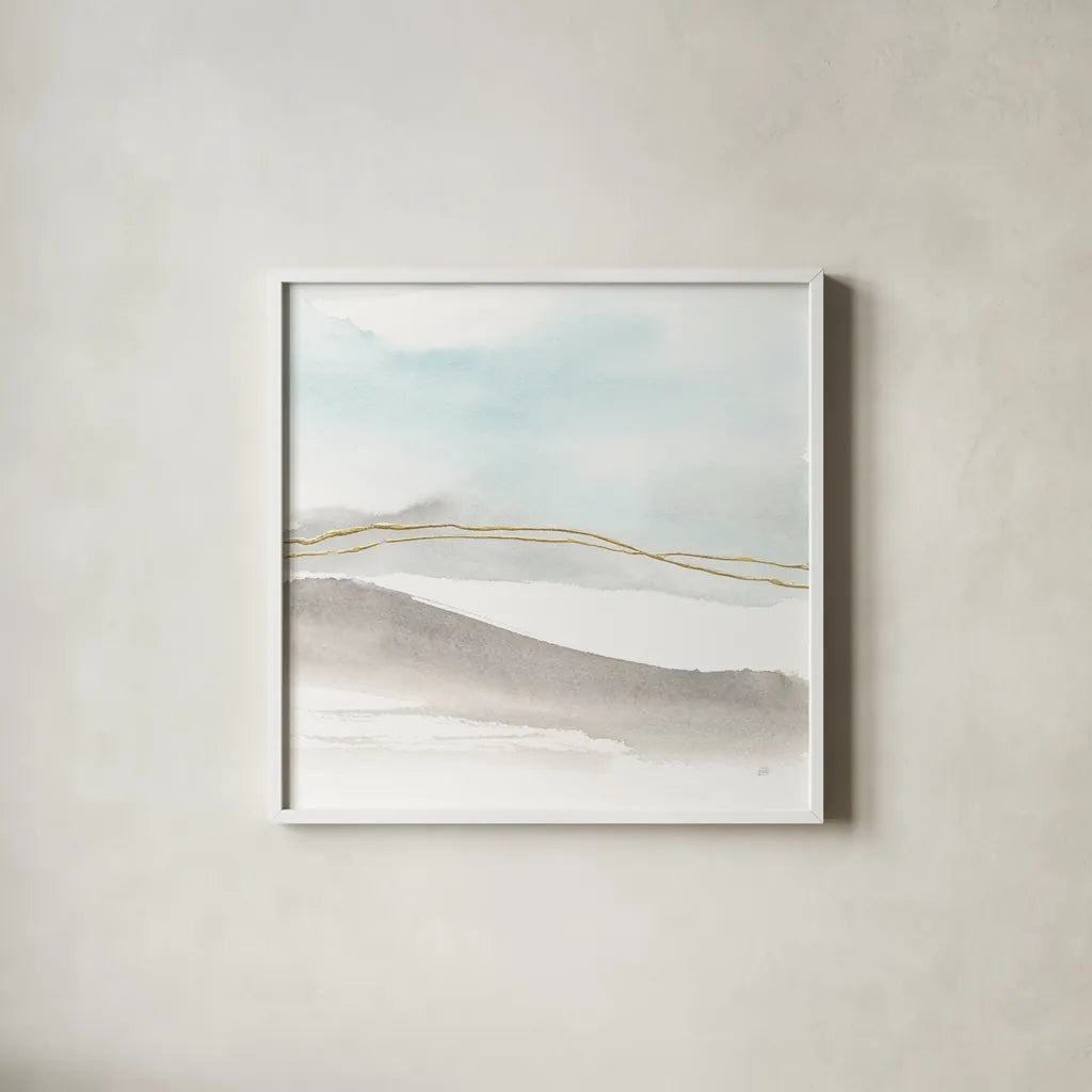 Gold Horizon I by Chris Paschke. Shown in a crisp white glass frame for a clean and minimalist style. Available as an archival giclee rolled canvas, fine art paper, or poster print. SKU 67905a.
