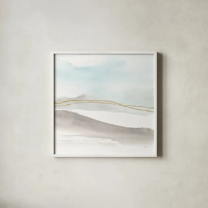 Gold Horizon I by Chris Paschke. Shown in a crisp white glass frame for a clean and minimalist style. Available as an archival giclee rolled canvas, fine art paper, or poster print. SKU 67905a.