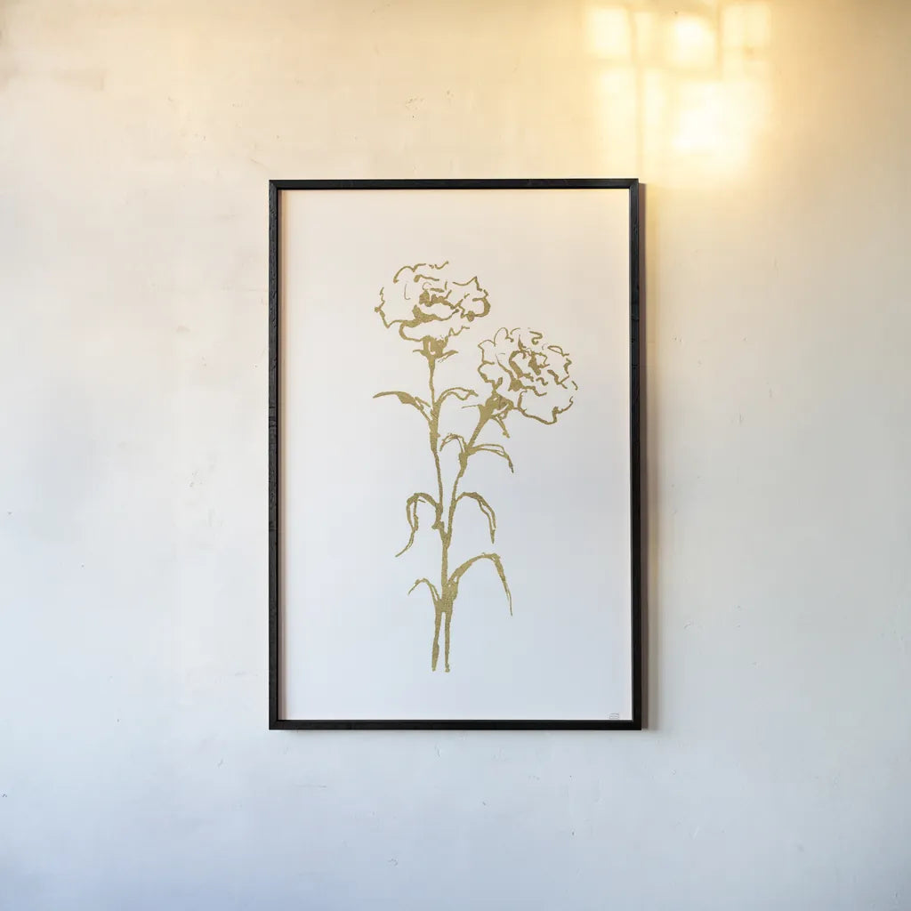Gold Line Carnation II by Chris Paschke. shown as a paper print in a black flame. Available as a archival giclee rolled canvas, fine art paper, or poster print. SKU 69564h.