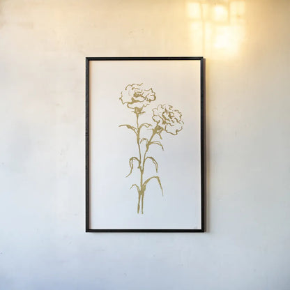 Gold Line Carnation II by Chris Paschke. shown as a paper print in a black flame. Available as a archival giclee rolled canvas, fine art paper, or poster print. SKU 69564h.