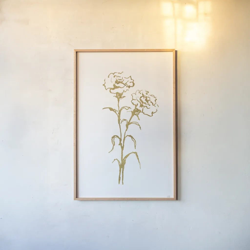 Gold Line Carnation II by Chris Paschke. shown as a paper print in a natural frame. Available as a archival giclee rolled canvas, fine art paper, or poster print. SKU 69564h.
