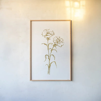 Gold Line Carnation II by Chris Paschke. shown as a paper print in a natural frame. Available as a archival giclee rolled canvas, fine art paper, or poster print. SKU 69564h.