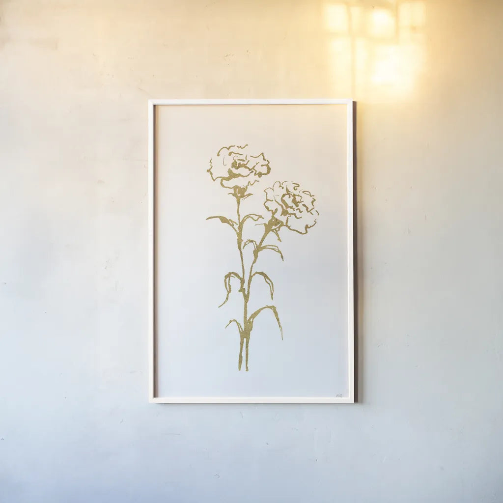 Gold Line Carnation II by Chris Paschke. shown as a paper print in a white frame. Available as a archival giclee rolled canvas, fine art paper, or poster print. SKU 69564h.