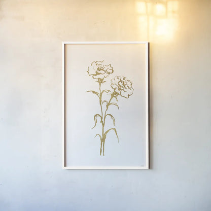 Gold Line Carnation II by Chris Paschke. shown as a paper print in a white frame. Available as a archival giclee rolled canvas, fine art paper, or poster print. SKU 69564h.
