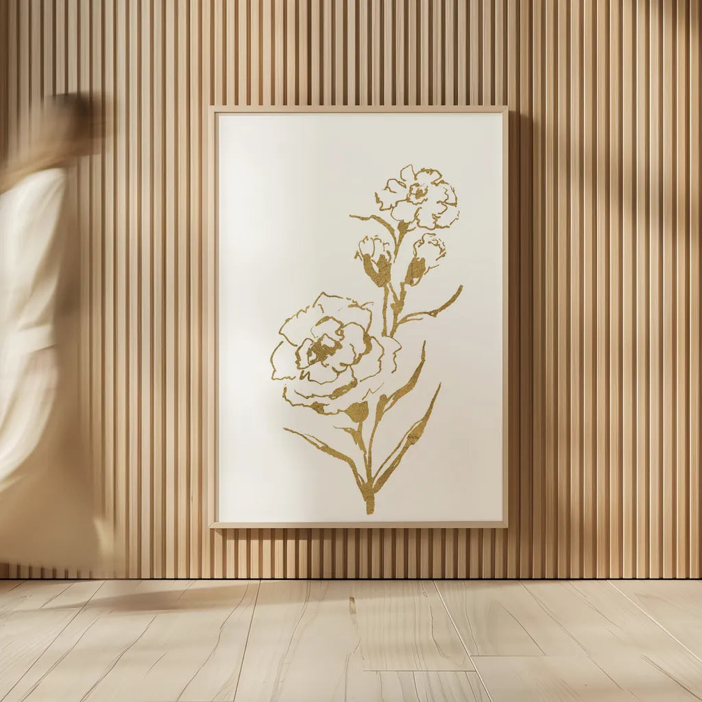 Gold Line Carnation III by Chris Paschke. shown as over sized large wall art. Available as an archival giclee rolled canvas, fine art paper, or poster print. SKU 69565h.