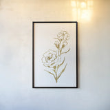 Gold Line Carnation III by Chris Paschke. shown as a paper print in a black flame. Available as a archival giclee rolled canvas, fine art paper, or poster print. SKU 69565h.