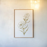 Gold Line Carnation III by Chris Paschke. shown as a paper print in a natural frame. Available as a archival giclee rolled canvas, fine art paper, or poster print. SKU 69565h.