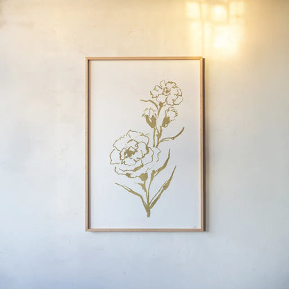 Gold Line Carnation III by Chris Paschke. shown as a paper print in a natural frame. Available as a archival giclee rolled canvas, fine art paper, or poster print. SKU 69565h.