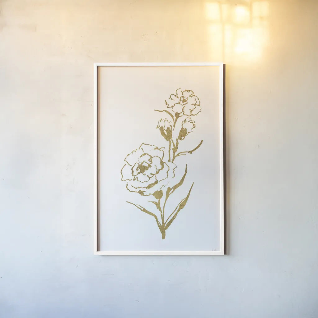 Gold Line Carnation III by Chris Paschke. shown as a paper print in a white frame. Available as a archival giclee rolled canvas, fine art paper, or poster print. SKU 69565h.